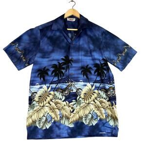Pacific Legend Shirt Hawaiian Medium Blue Motorcycle Chopper Cotton Vintage USA